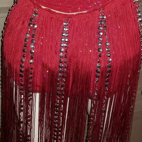 Ruby Red Bodysuit/Swimsuit with Tassel Skirt - Picture 4 of 8